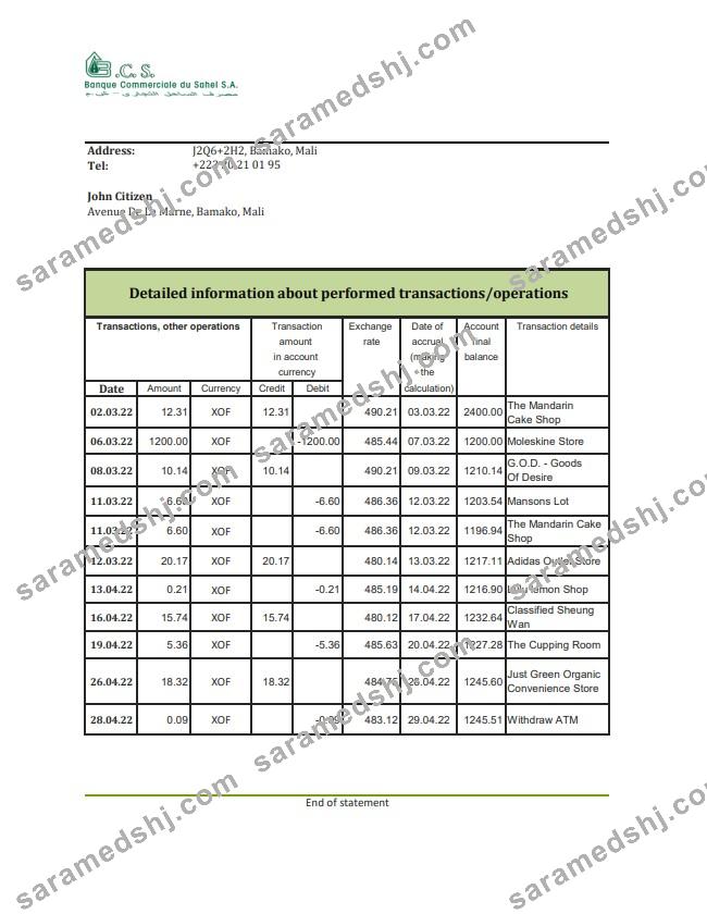 Mali Banque Commerciale du Sahel bank statement